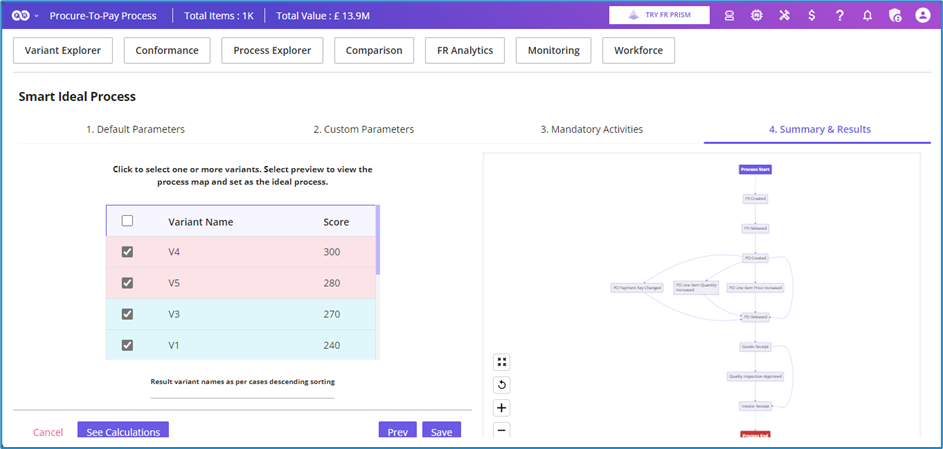 Variant Explorer Snap Shot for Smart Ideal Process: Automating Process Optimisation